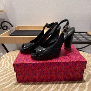 Tory Burch Black Croc Embossed Leather Slingback Pumps with Open Toe & Silver